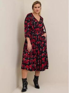 Torrid Rose Floral Stretch Challis Tie Neck A-Line Midi Dress Black 4X